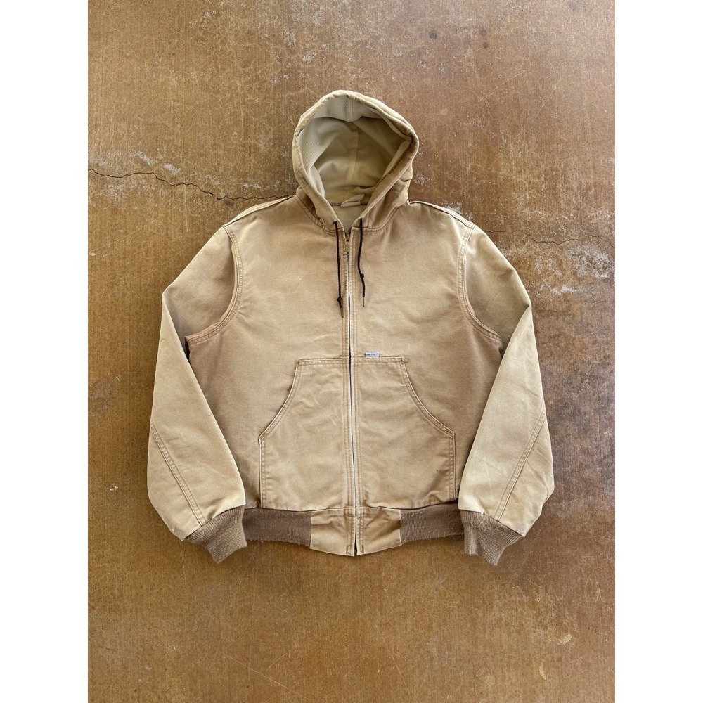 VTG 90s Carhartt JR106 Active Duck Canvas Zip Up Hooded Jacket (L) Light US Made